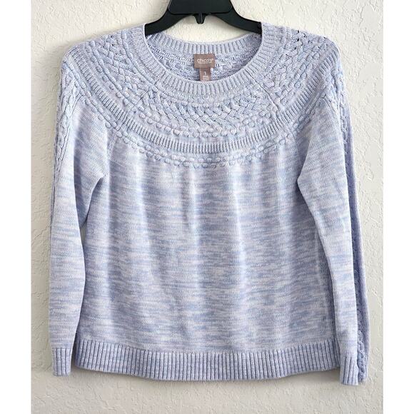 SWEATER-CHICO'S-Blue & White Knit-Long Sleeves-Knit Detail-Chico's Size 1 /Small - Picture 1 of 14